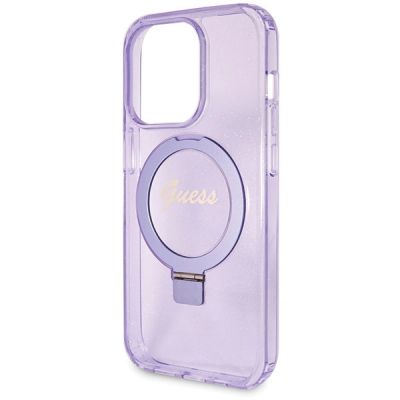 6. Etui Guess Ring Stand Script Glitter MagSafe na iPhone 13 Pro / 13 - fioletowe