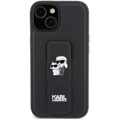 3. Etui Karl Lagerfeld Gripstand Saffiano Karl&Choupette Pins na iPhone 15 Plus / 14 Plus - czarne