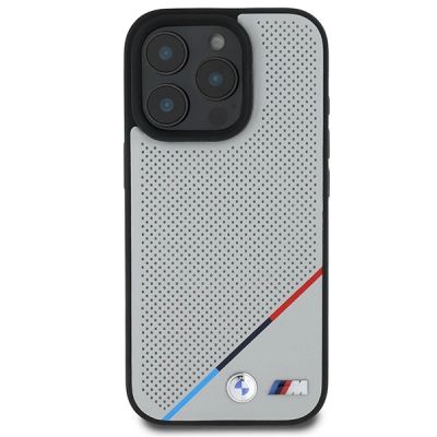 3. Etui BMW M Perforated Tricolor Line MagSafe na iPhone 16 Pro - szare