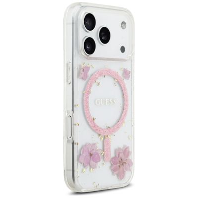 4. Etui Guess Resin Flowers Glitter MagSafe na iPhone 17 Pro - różowe