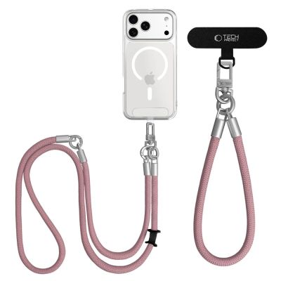 4. Smycz do telefonu Tech-Protect C10S Crossbody (114 cm) + na nadgarstek (31 cm) - różowo-tytanowa