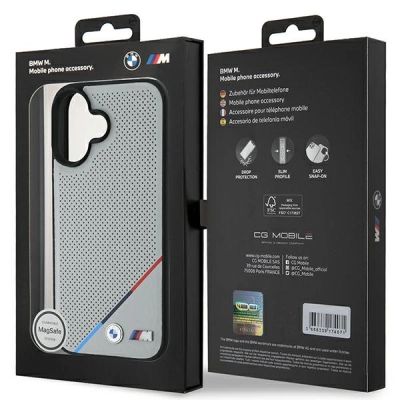 8. Etui BMW M Perforated Tricolor Line MagSafe na iPhone 16 - szare