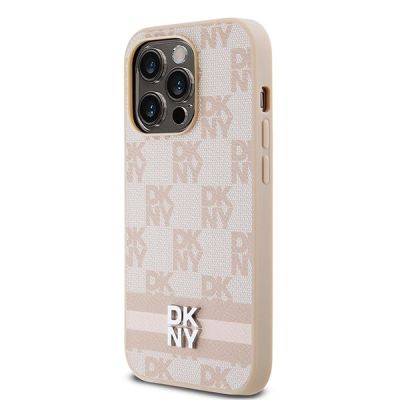 2. Etui DKNY Leather Checkered Mono Pattern & Printed Stripes na iPhone 14 Pro - różowe