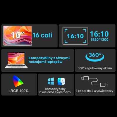 5. 16" 2-ekranowy monitor do laptopów 12" do 18.5" EXTRALINK SMART LIFE