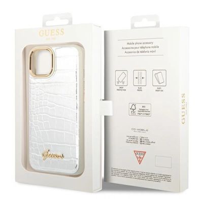 8. Etui Guess Croco Collection na iPhone 14 Plus - srebrne