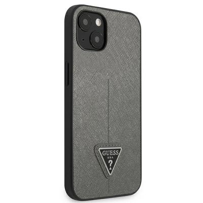 4. Etui Guess Saffiano Triangle Logo na iPhone 14 Plus - srebrne