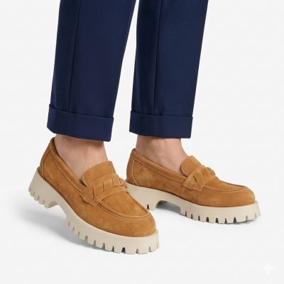 6. Skórzane półbuty damskie zamszowe lordsy camel Filippo DP7554