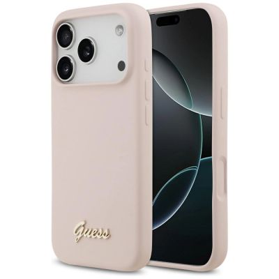 Etui Guess Silicone Script Metal Logo MagSafe na iPhone 17 Pro - różowe