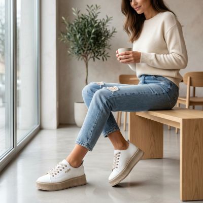 10. Skórzane półbuty sneakersy na platformie białe Filippo DP6122