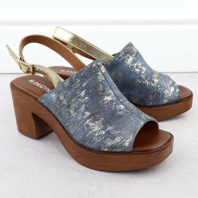 11. Sandały damskie na słupku jeansowe pozłacane M.Daszyński MR23126-7
