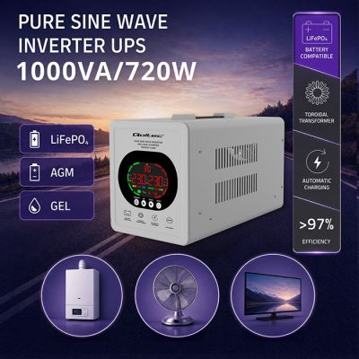 7. UPS Qoltec 50451 Pure Sine Wave 1000VA/720W Przetwornica 12/230V z AVR | LCD | LiFePO4 AGM GEL