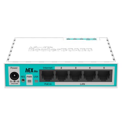 6. Router Mikrotik hEX lite (RB750r2) Total Ethernet  Ports:5; Architecture:MIPSBE; CPU core:1