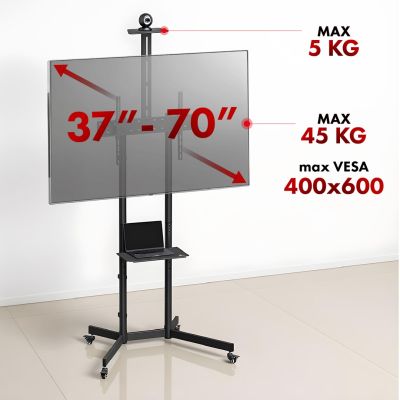4. MACLEAN STAND / WÓZEK DO TV, PÓŁKA NA KAMERĘ, NA KÓŁKACH, 37-70", MAX. OBCIĄŻENIE 45KG/5KG PÓŁKA, MAX. VESA 600X400 MC-113 B
