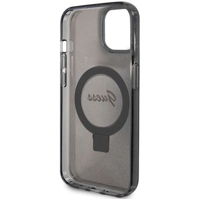 7. Etui Guess Ring Stand Script Glitter MagSafe na iPhone 15 Plus / 14 Plus - czarne