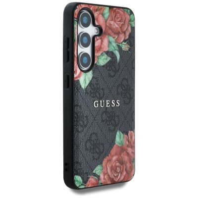 4. Etui Guess Leather 4G Flowers Print Metal Classic Logo MagSafe na Samsung Galaxy S25 - czarne