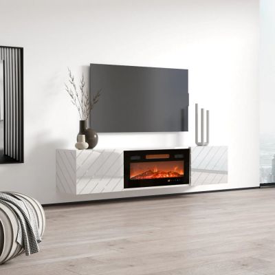 6. Szafka RTV LUXE 182,6x34,5x37,5 biały/biały połysk + czarny kominek