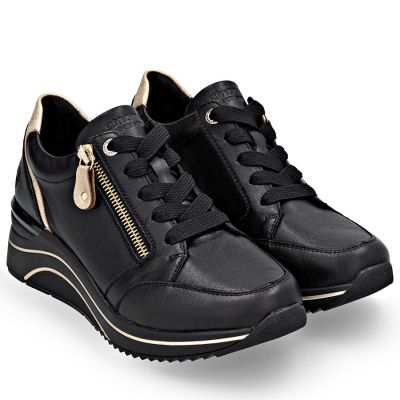4. Skórzane sneakersy damskie na koturnie czarne Remonte Rieker D0T03-03