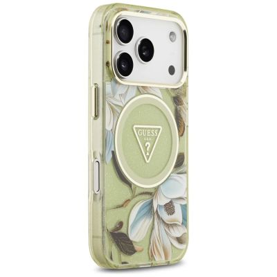 4. Etui Guess IML Glitter Flowers Triangle MagSafe na iPhone 18 Pro Max / 17 Pro Max - zielone