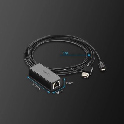 9. Karta sieciowa Ugreen 30985 zewnętrzna do Chromecast ze złączami micro USB / USB-A 100Mb/s 1m - czarna