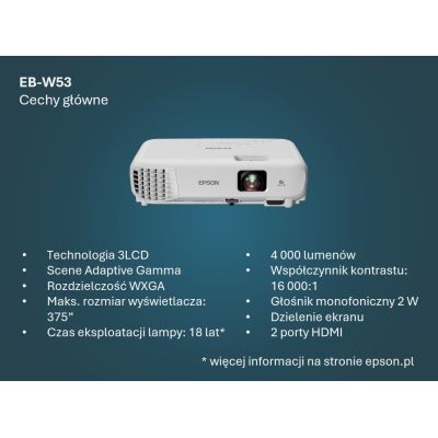 19. Epson EB-W53 4000 ANSI lumenów 3LCD WXGA (1200x800) Biały