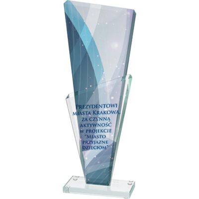 6. Trofeum szklane z nadrukiem kolorowym LuxorJet, grawerowaniem oraz wypełnieniem farbą