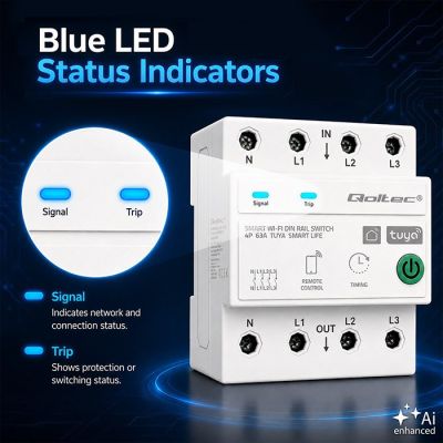 6. Qoltec Trójfazowy przekaźnik 63A na szynę DIN | 3P+N | Timer | Wi-Fi | Tuya | Smart Life | Amazon Alexa | 4P
