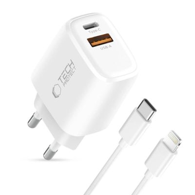 2. Ładowarka sieciowa Tech-Protect NCA20 PD 20W QC3.0 USB-A / USB-C + Kabel USB-C / Lightning 100cm - biała