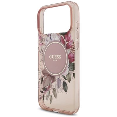 6. Etui Guess IML Flowers Pearl Strap MagSafe na iPhone 18 Pro / 17 Pro - różowe