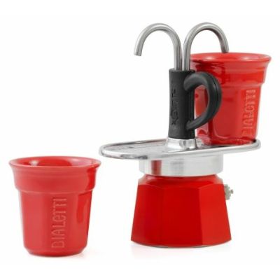 4. Bialetti kawiarka Mini Express czerwona 2tz + 2 filiżanki