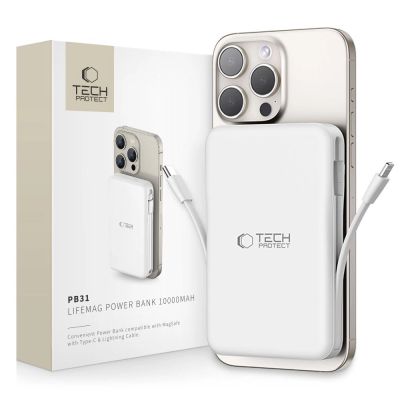 Powerbank Tech-Protect LifeMag PB31 z MagSafe 10000mAh 15W USB-C / USB-A / wbudowane kable USB-C / Lightning - biały