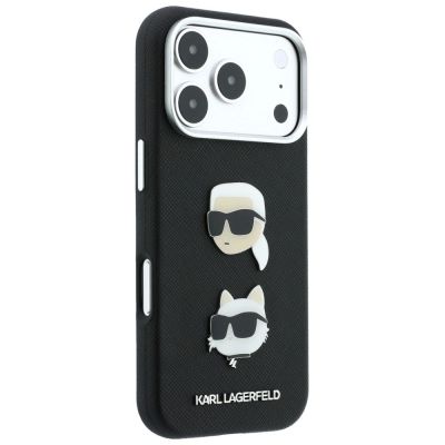 5. Etui Karl Lagerfeld Saffiano Karl&Choupette Heads Pins Strap Logo na iPhone 18 Pro / 17 Pro - czarne
