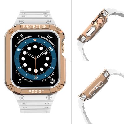 4. Pasek z etui ochronnym Protect Strap Band do Apple Watch 38 / 40 / 41 mm opaska obudowa pancerna - biały, różowe złoto