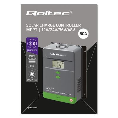 9. Qoltec Solarny regulator ładowania MPPT z czujnikiem temperatury 80A |12V / 24V / 36V / 48V | LCD | Bluetooth | APP | GEL | LiFePO4