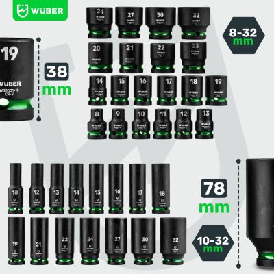 9. Zestaw nasadek udarowych długich 35 sztuk 1/2" 6-kątne WUBER