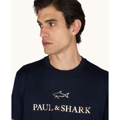 3. Paul&Shark T-shirt bawełniany męski granatowo-złoty 99311007-50E - klasyczny krój, logo