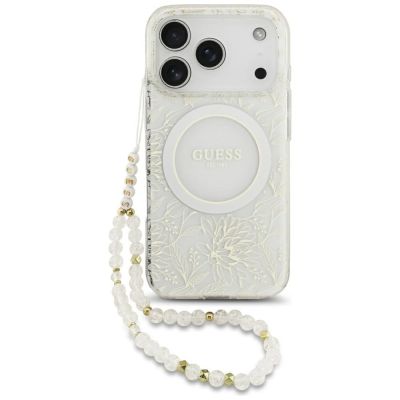 Etui Guess IML Flowers Allover Electroplated with Pearl Strap MagSafe na iPhone 18 Pro / 17 Pro - białe