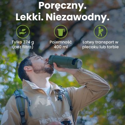 10. Extralink PURISOO+ BUTELKA Z SYSTEMEM FILTRUJACYM Z POMPKA 400ML FILTR UF + ACF Butelka filtrująca wodę 0,4 l Zielony, Oliwkowy