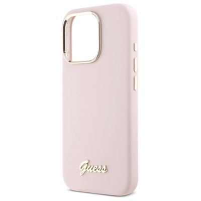 6. Etui Guess Silicone Script Metal Logo & Frame na iPhone 16 Pro - różowe