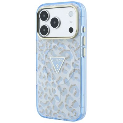 2. Etui Guess IML Leopard Glitter Triangle Logo MagSafe na iPhone 17 Pro Max / 18 Pro Max - niebieskie