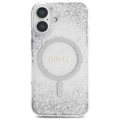 3. Etui Guess HC Resin Bottom Glitter MagSafe na iPhone 16 - srebrne