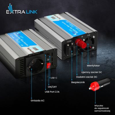 15. Przetwornica samochodowa Extralink OPIM-500W 12V 500W modyfikowany sinus