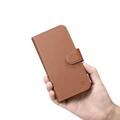 12. iCarer Wallet Case 2in1 etui iPhone 14 Pro skórzany pokrowiec z klapką Anti-RFID brązowy (WMI14220726-BN)