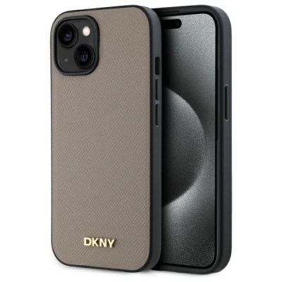 Etui DKNY Grained Metal Logo MagSafe na iPhone 15 - beżowe