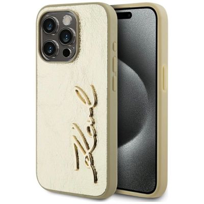 Etui Karl Lagerfeld Wrinkled Metal Signature na iPhone 15 Pro Max - złote