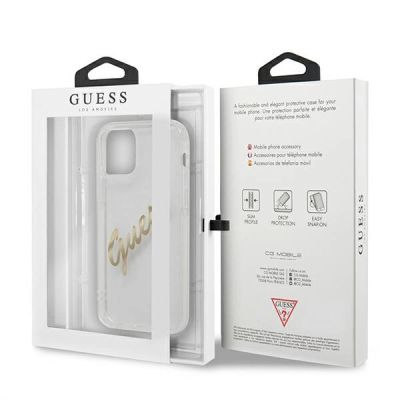 9. Etui Guess Vintage Script Gold na iPhone 12 / iPhone 12 Pro - przezroczyste