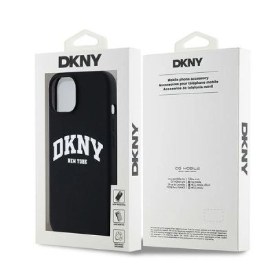 8. Etui DKNY Liquid Silicone White Printed Logo MagSafe na iPhone 14 / 15 / 13 - czarne
