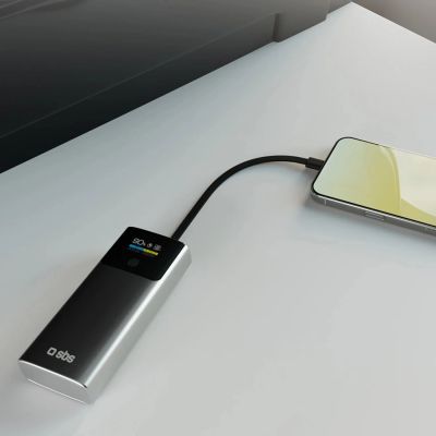 10. Powerbank SBS 10000mAh PD 20W z wyświetlaczem LCD i wbudowanym kablem USB-C - szary