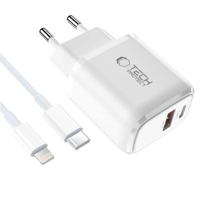 3. Ładowarka sieciowa Tech-Protect NCA20 PD 20W QC3.0 USB-A / USB-C + Kabel USB-C / Lightning 100cm - biała