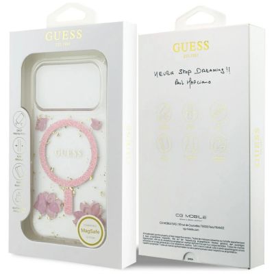 8. Etui Guess Resin Flowers Glitter MagSafe na iPhone 17 Pro - różowe