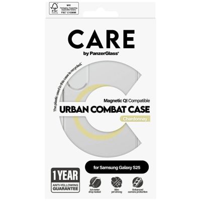 4. Etui CARE by PanzerGlass Flagship Urban Combat Chardonnay QI do Samsung Galaxy S25 - przezroczysty